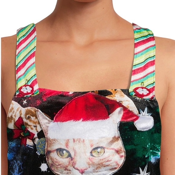 Christmas cat velvet romper/jumpsuit - Santa Cat - Ugly Sweater - Juniors LARGE - Picture 2 of 6